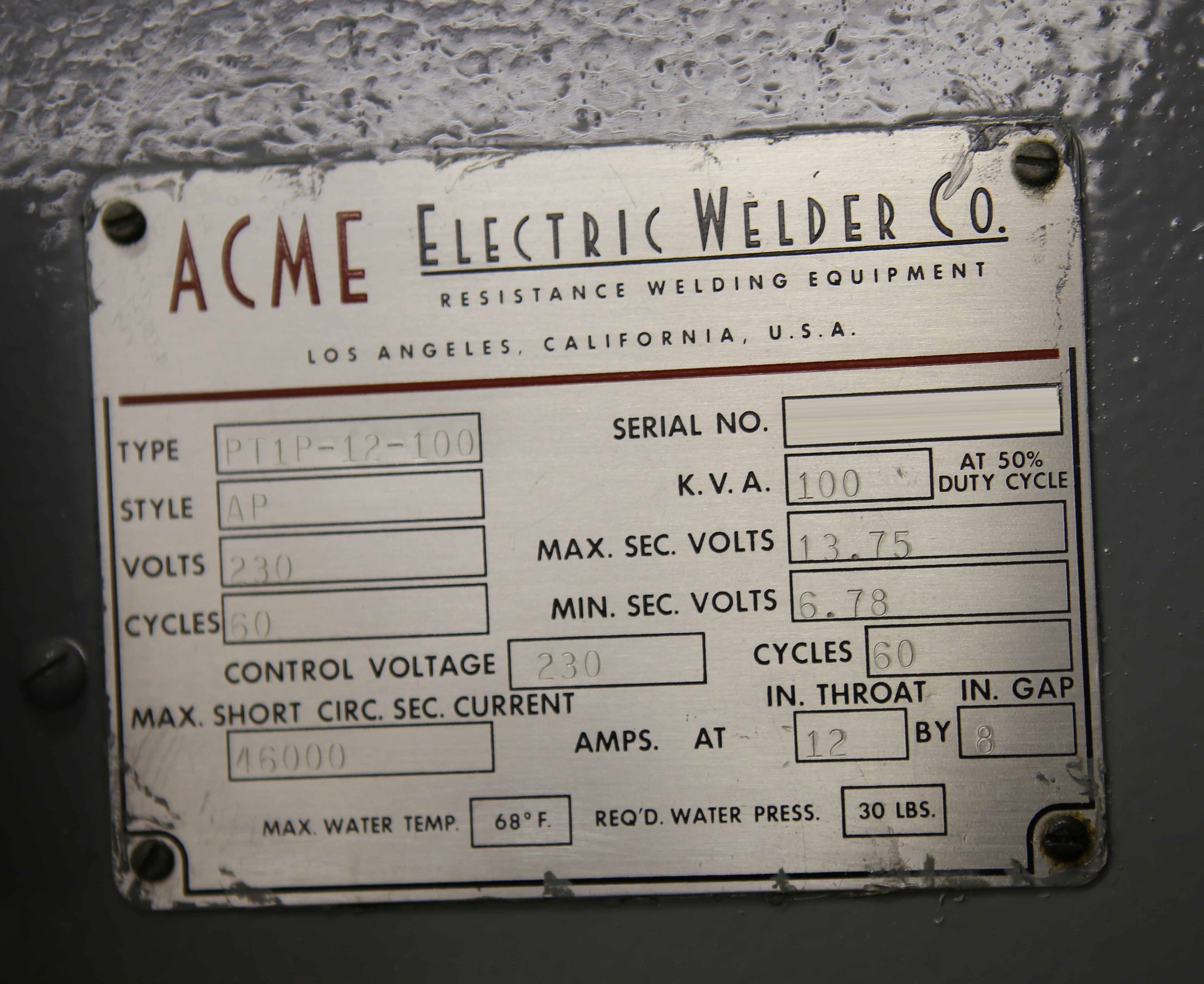 사진 사용됨 ACME ELECTRIC PT1P-12-100 판매용