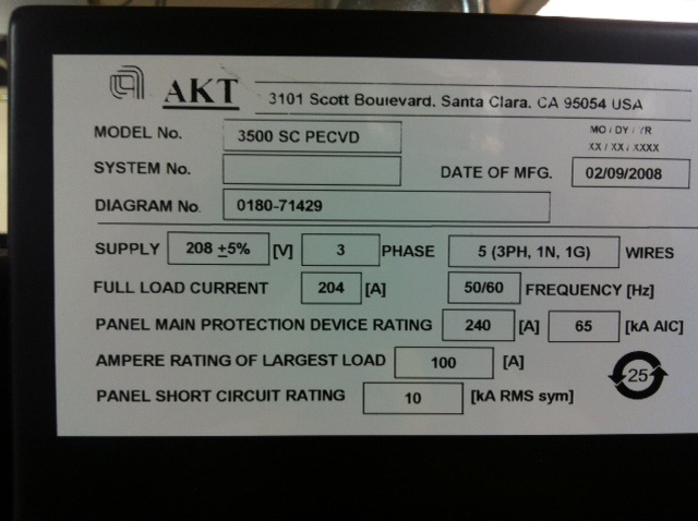 Photo Used AMAT / APPLIED MATERIALS / AKT 3500 SC PECVD For Sale