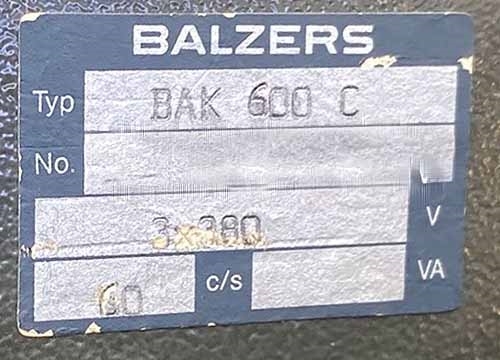 Photo Used BALZERS BAK 600 For Sale