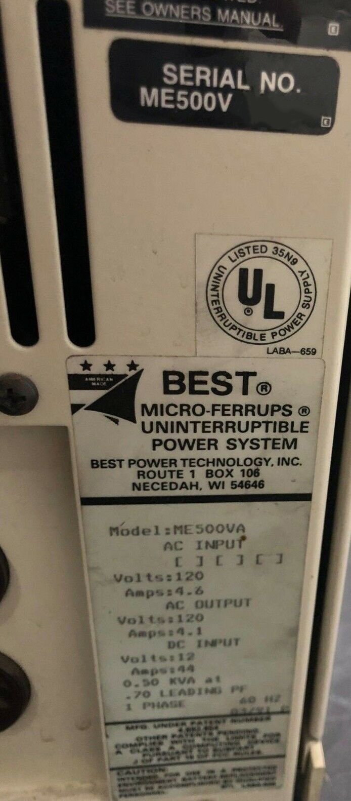 Photo Used BEST POWER ME500VA For Sale