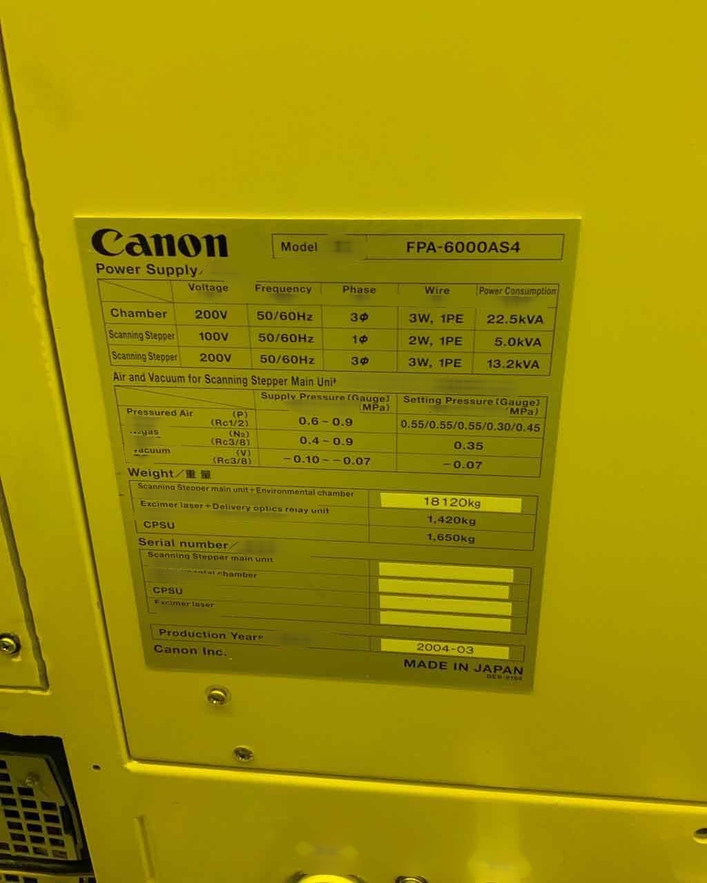 圖為 已使用的 CANON FPA 6000 AS4 待售