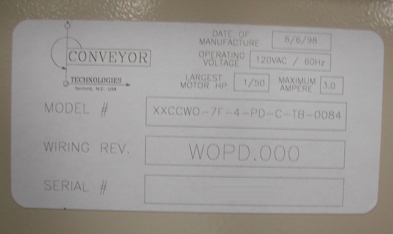 Photo Used CONVEYOR TECHNOLOGIES / CTI XXCCWO-7F-4-PD-C-TB-0084 For Sale