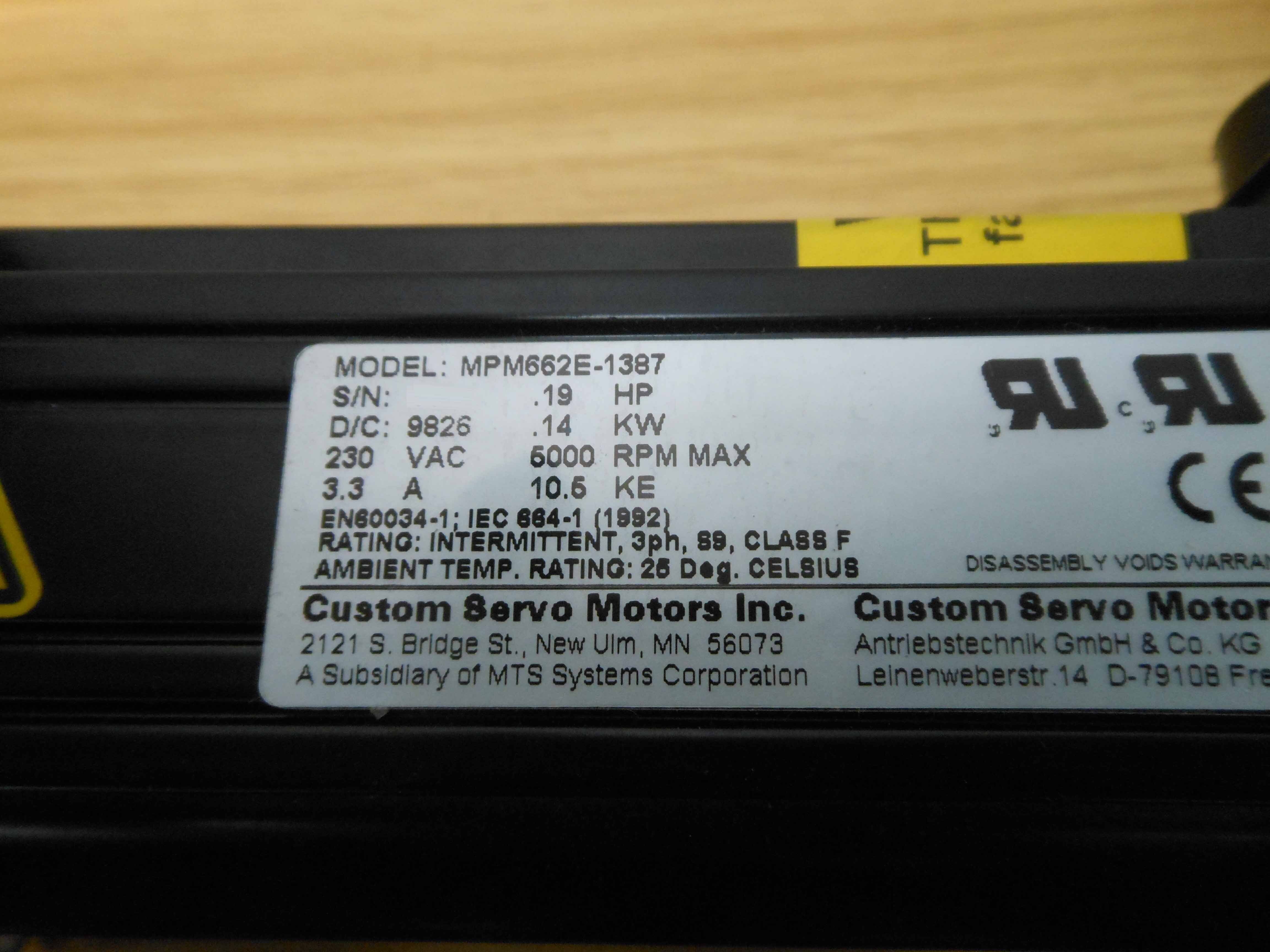 Photo Used CUSTOM SERVO MOTORS MPM662E-1387 For Sale