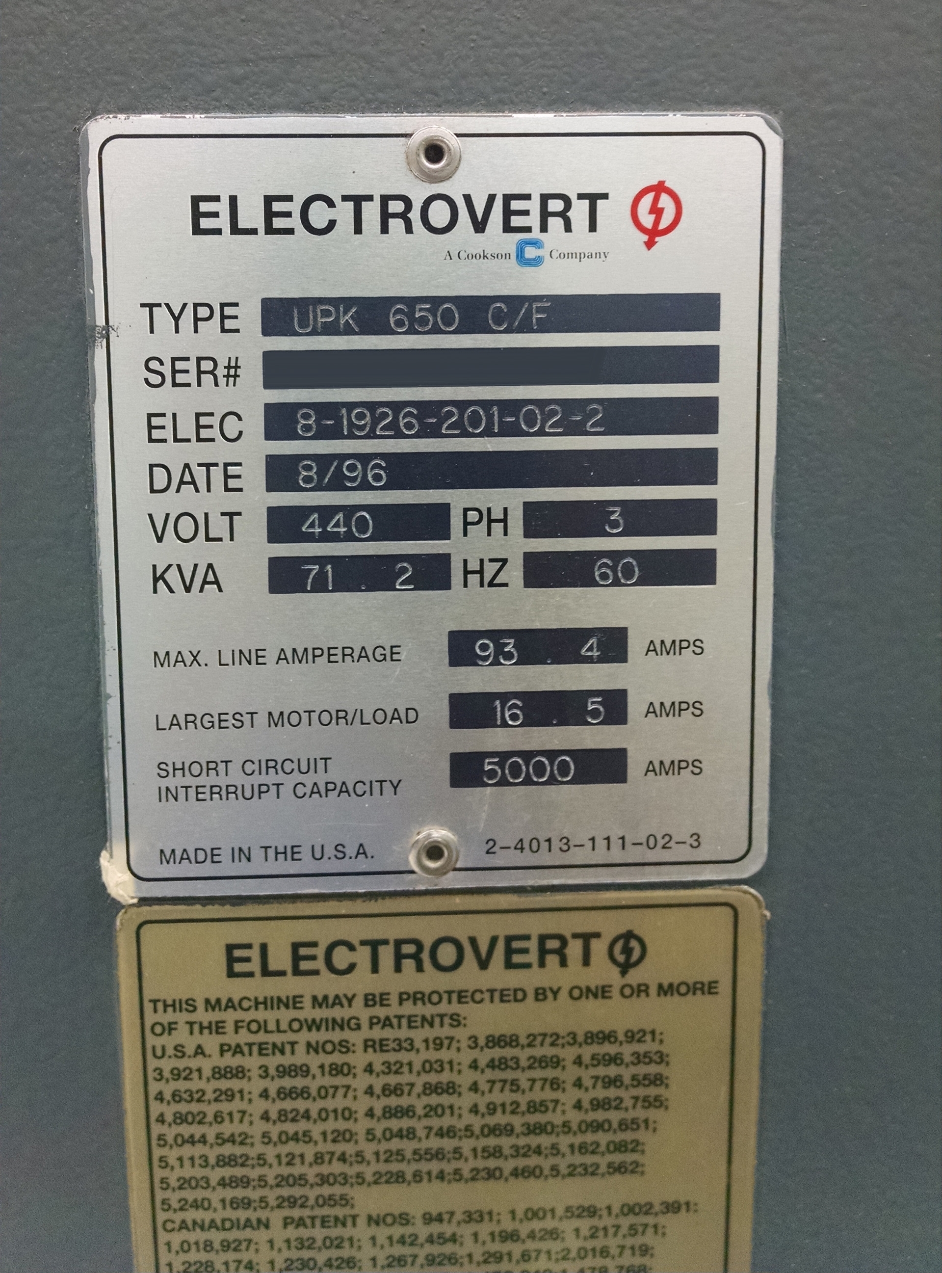Photo Used ELECTROVERT Ultrapak 600C For Sale