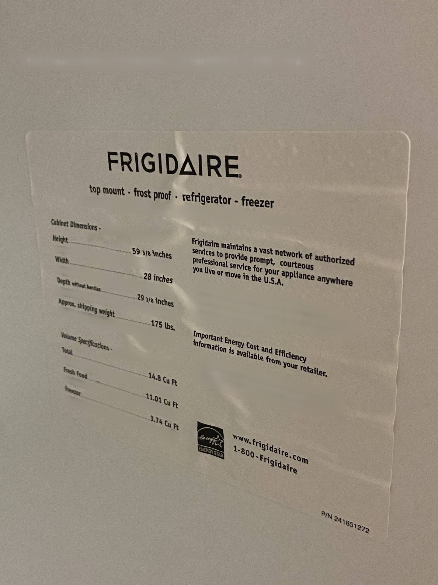 图为 已使用的 FRIGIDAIRE Refrigerator / Freezer 待售