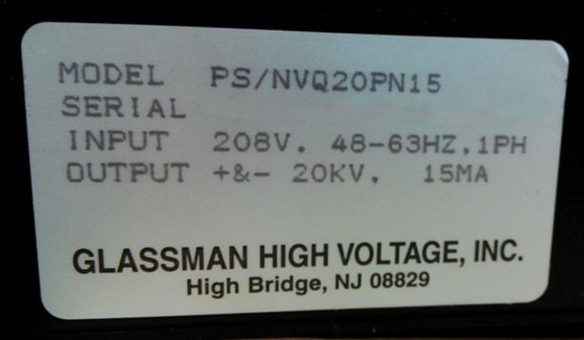 圖為 已使用的 GLASSMAN HIGH VOLTAGE INC PS / NVQ20PN15 待售