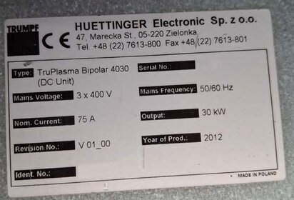 HUTTINGER / TRUMPF TruPlasma Bipolar 4010 #293765558