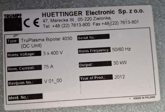 Foto Verwendet HUTTINGER / TRUMPF TruPlasma Bipolar 4010 Zum Verkauf