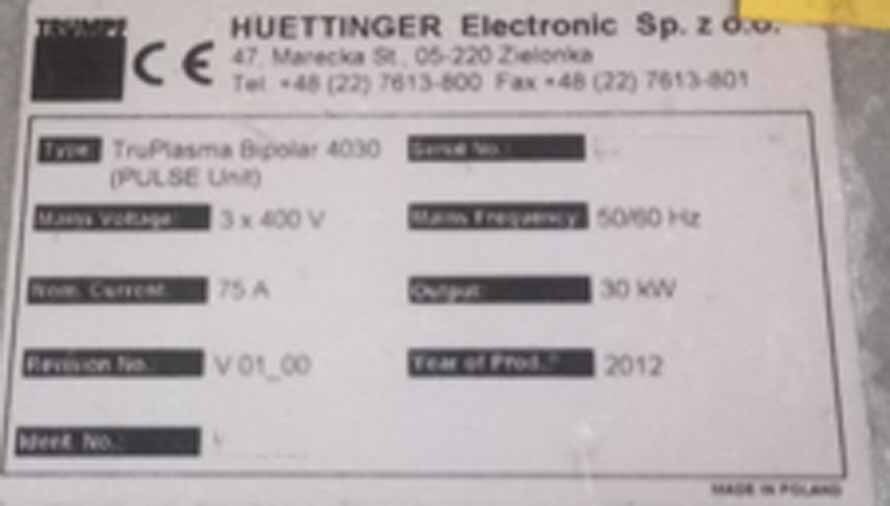 フォト（写真） 使用される HUTTINGER / TRUMPF TruPlasma Bipolar 4030 販売のために