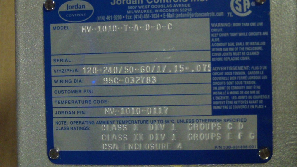 图为 已使用的 JORDAN CONTROLS MV-1010-T-A-0-0-C 待售