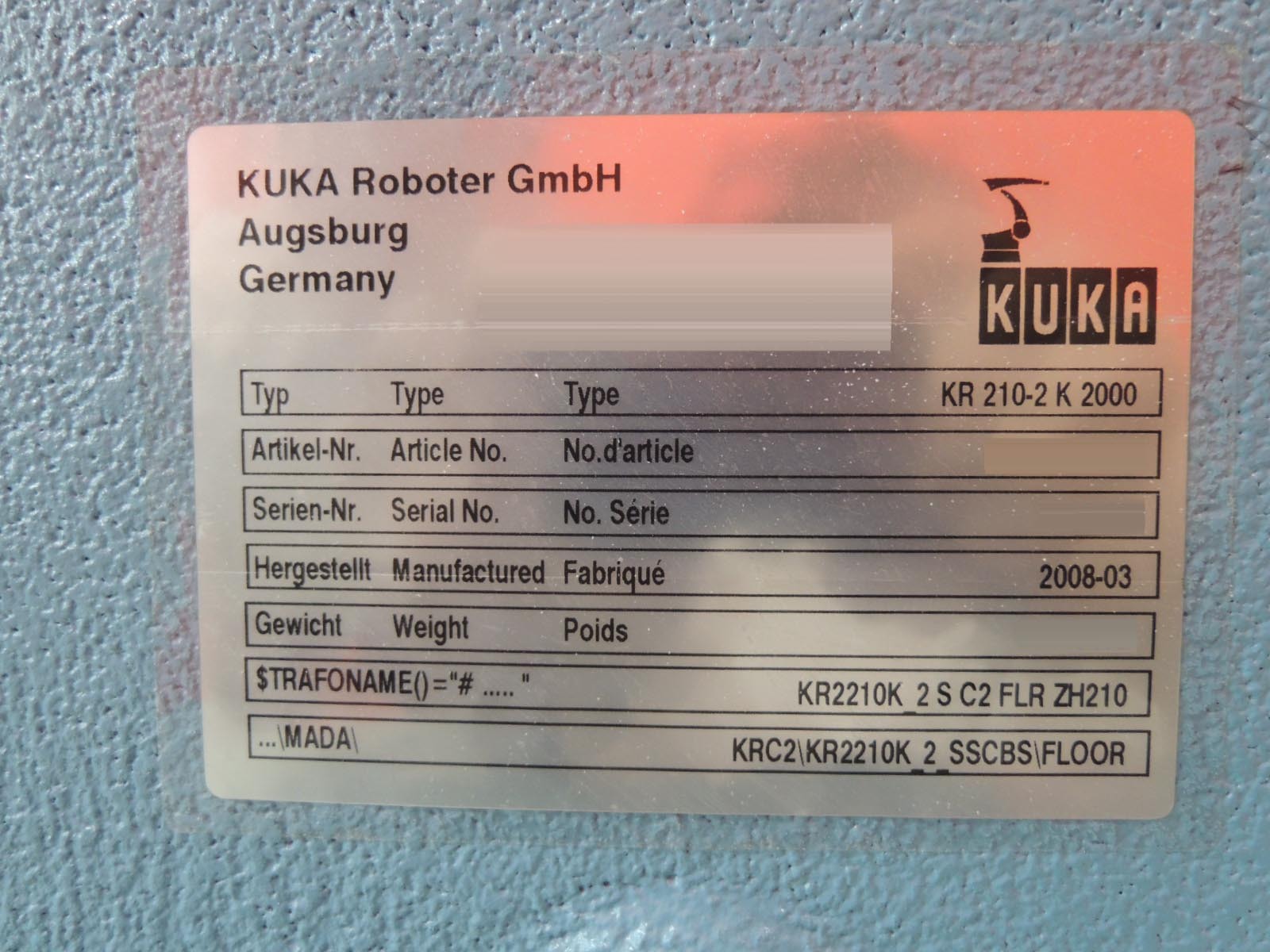 Photo Used KUKA KR210-2 K 2000 Series For Sale