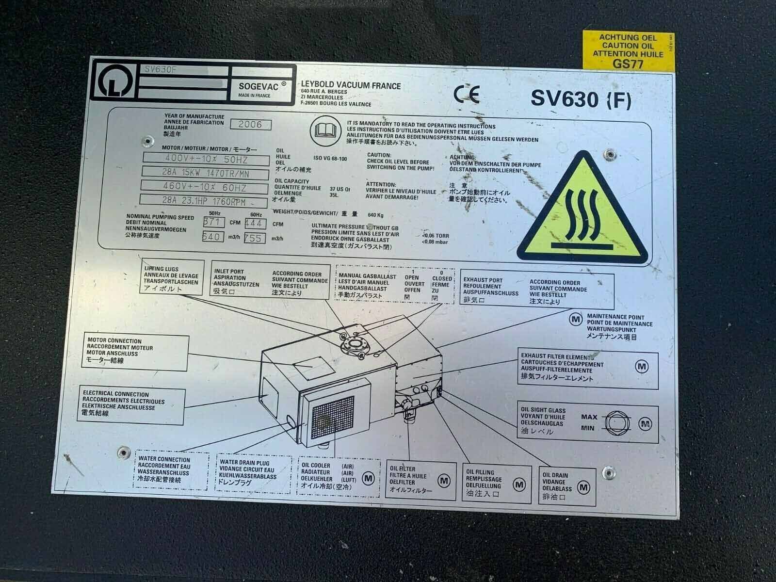 Photo Used LEYBOLD HERAEUS SV630F For Sale