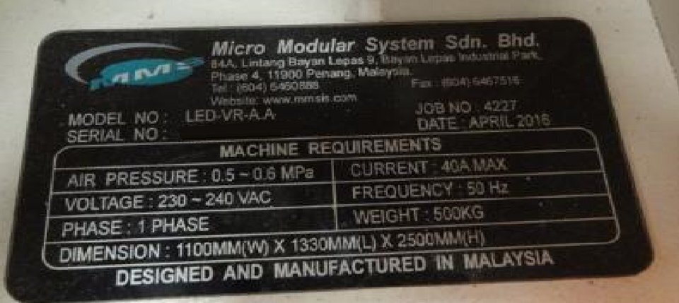 Photo Used MICRO MODULAR SYSTEM / MMS LED-VR-A-A-BR For Sale