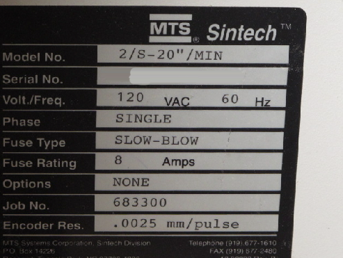 Photo Used MTS / SINTECH 2/S-20"/Min For Sale