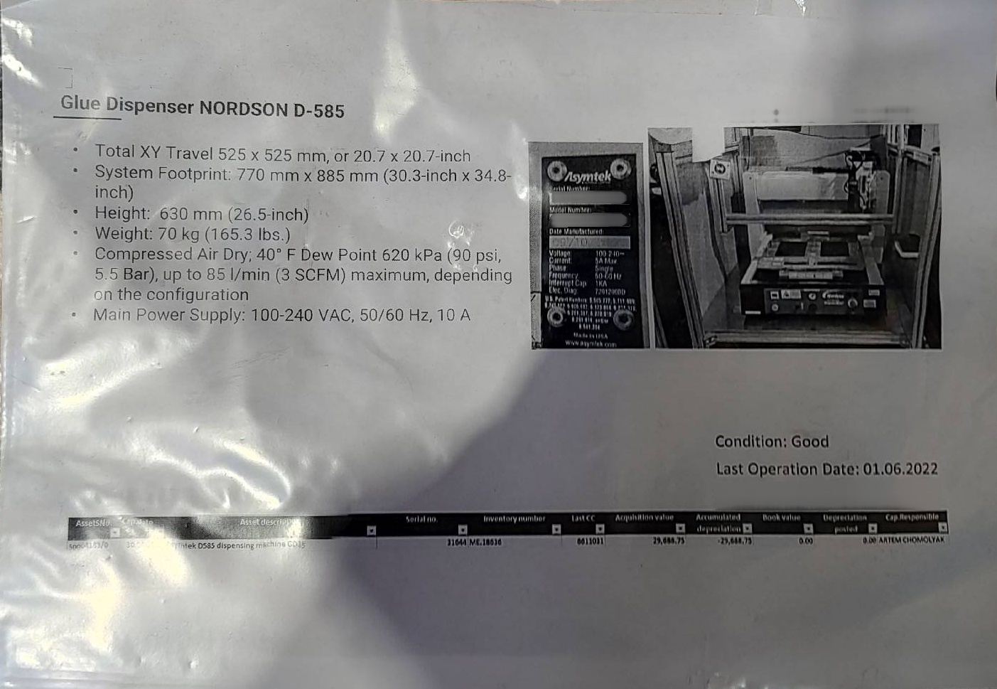 Foto Verwendet NORDSON / ASYMTEK D-585 Zum Verkauf