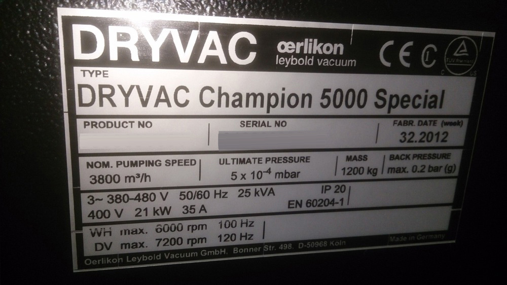 Photo Used OERLIKON / LEYBOLD Dryvac Champion 5000 Special For Sale