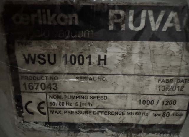フォト（写真） 使用される OERLIKON LEYBOLD Ruvac WSU1001 H 販売のために