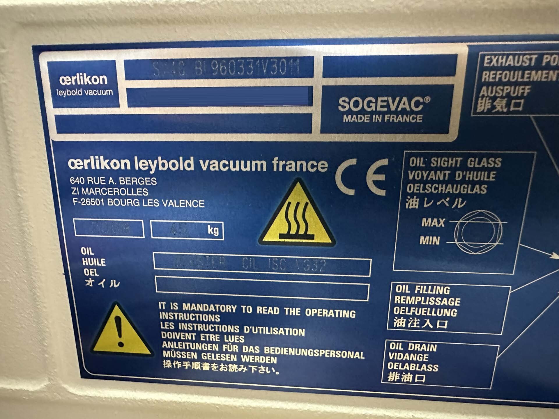 フォト（写真） 使用される OERLIKON LEYBOLD Sogevac SV40-SV65 BIFC 販売のために