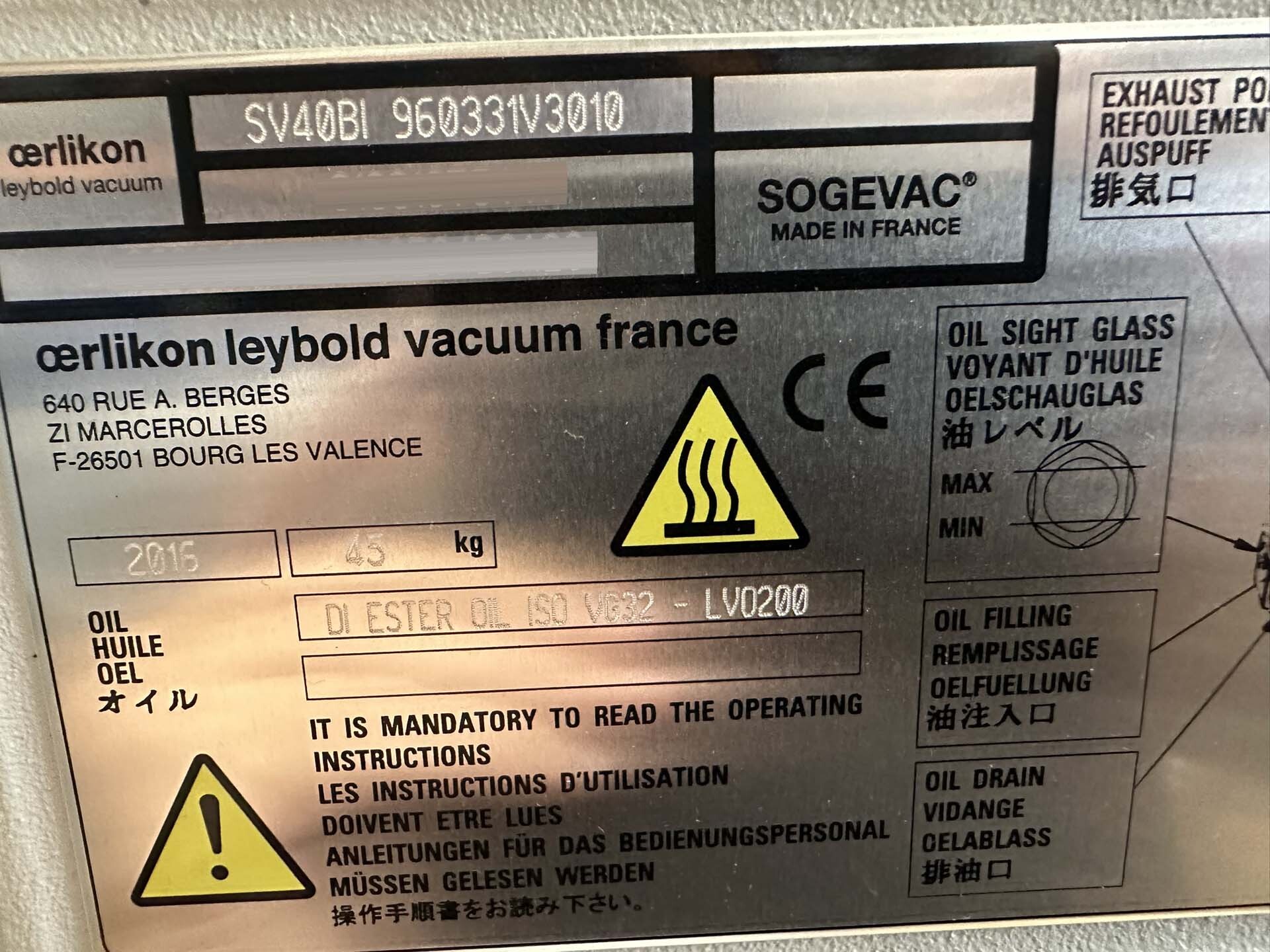 フォト（写真） 使用される OERLIKON LEYBOLD Sogevac SV40-SV65 BIFC 販売のために