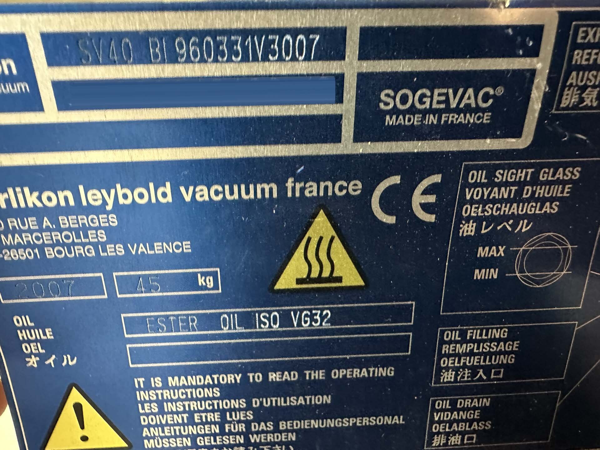 フォト（写真） 使用される OERLIKON LEYBOLD Sogevac SV40-SV65 BIFC 販売のために