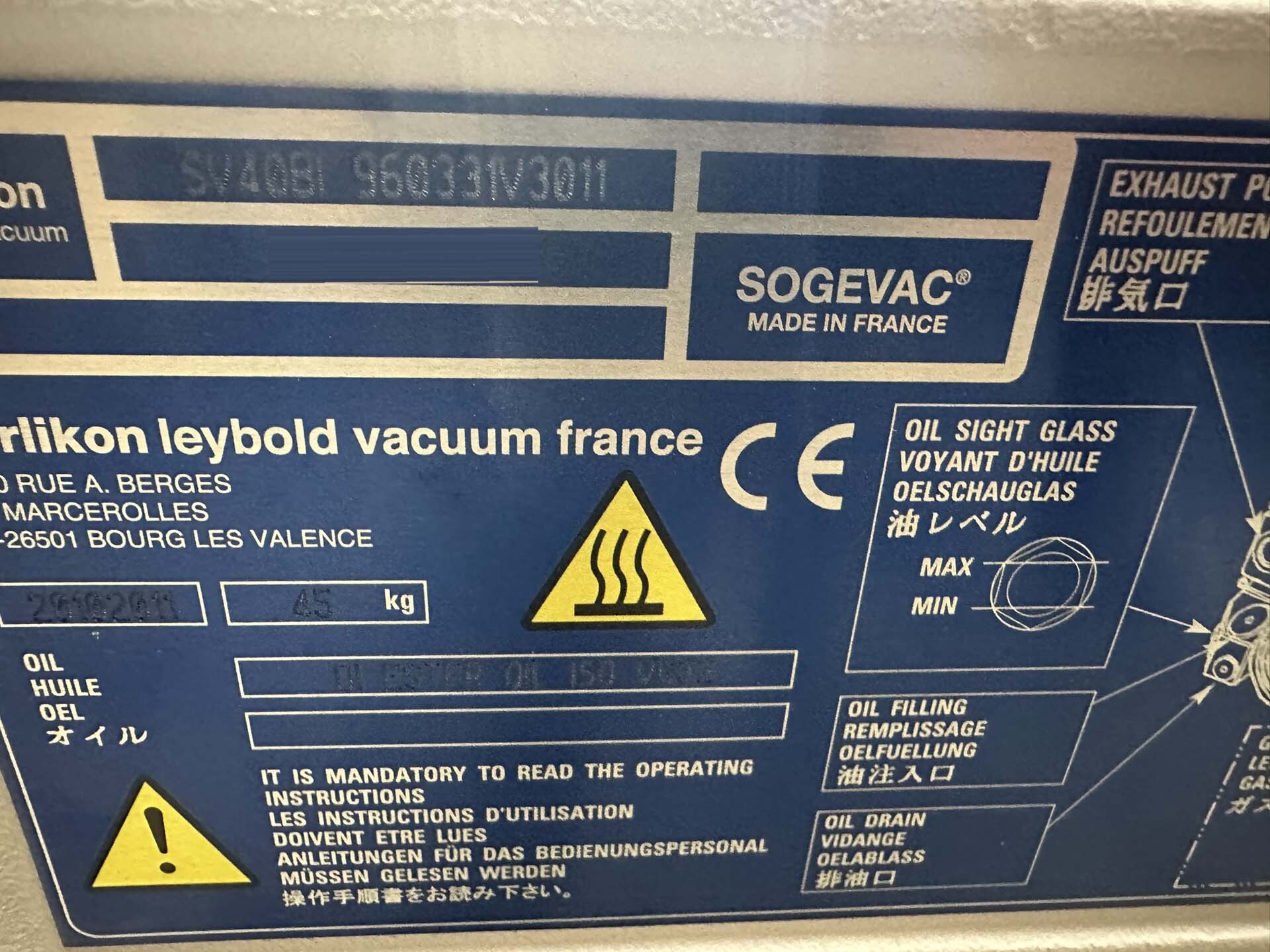 フォト（写真） 使用される OERLIKON LEYBOLD Sogevac SV40-SV65 BIFC 販売のために