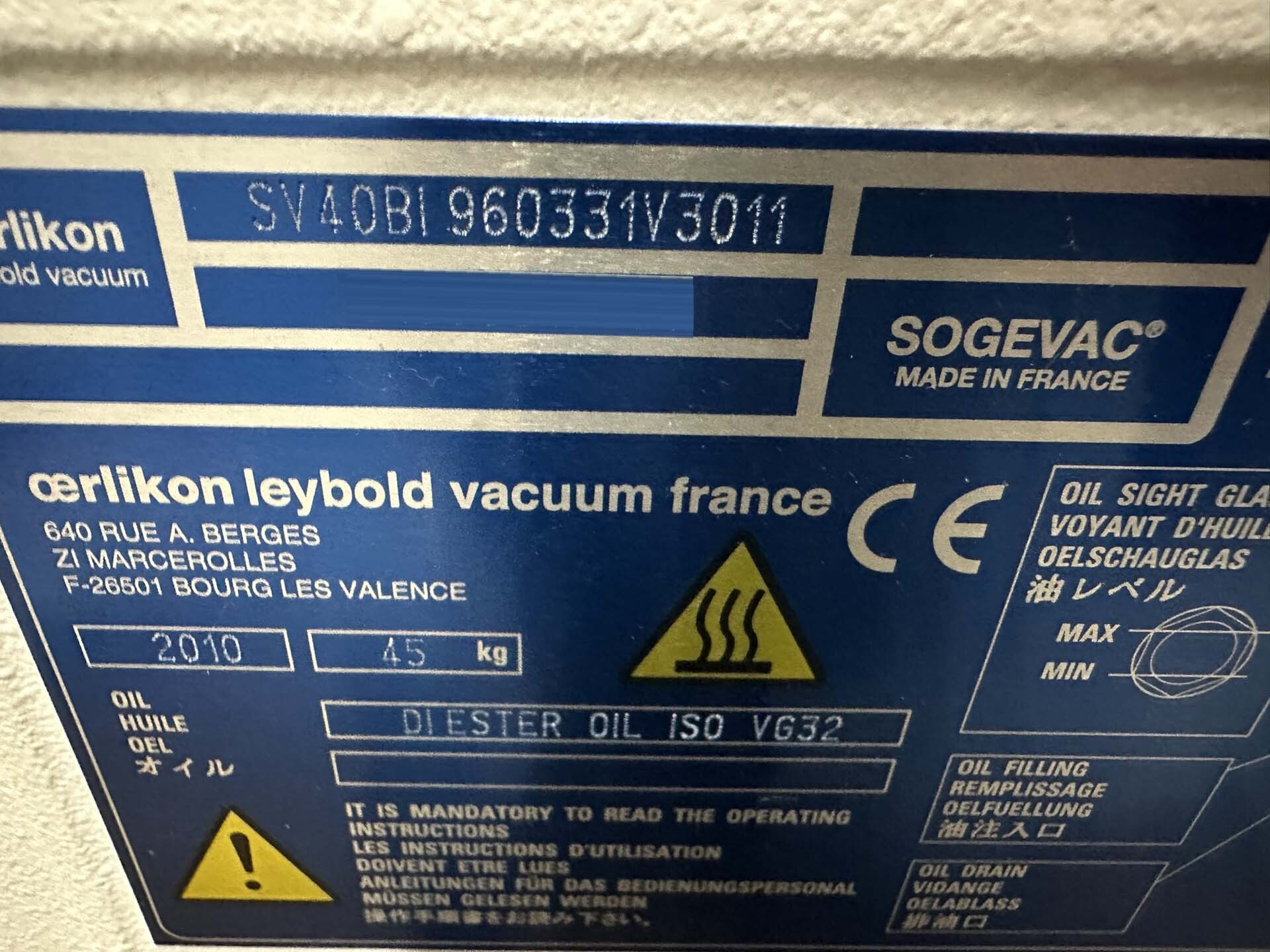 フォト（写真） 使用される OERLIKON LEYBOLD Sogevac SV40-SV65 BIFC 販売のために