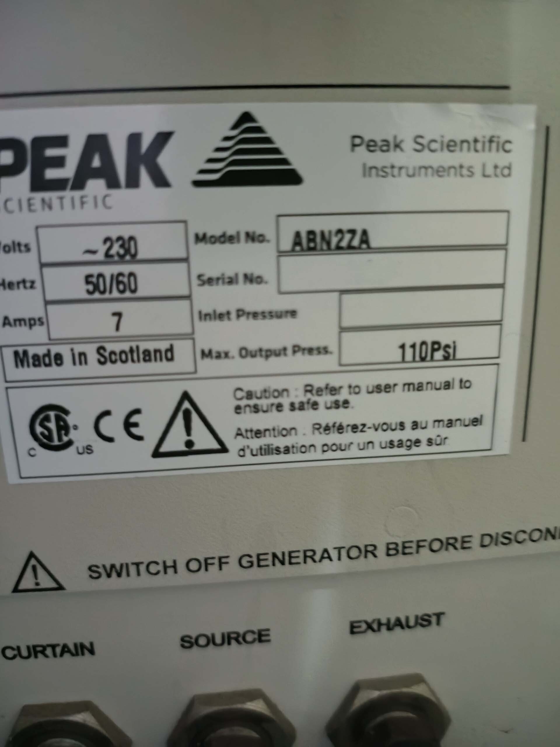 Photo Used PEAK SCIENTIFIC Genius ABN2ZA For Sale