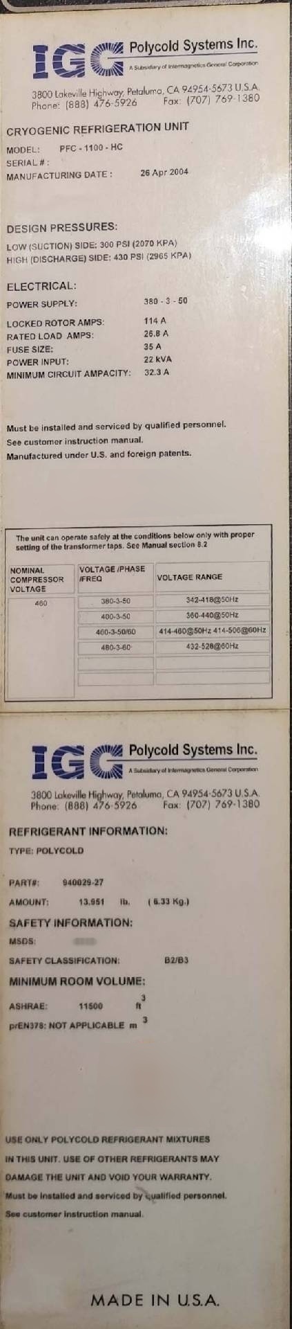 圖為 已使用的 POLYCOLD PFC 1100 HC 待售