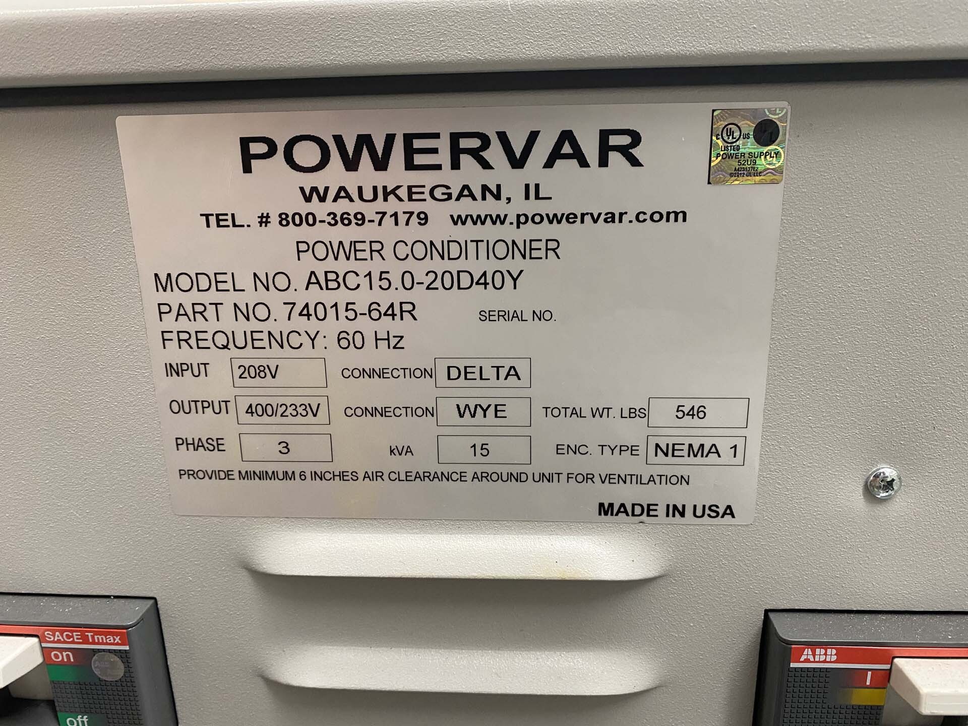 フォト（写真） 使用される POWERVAR ABC15.0-20D40Y 販売のために