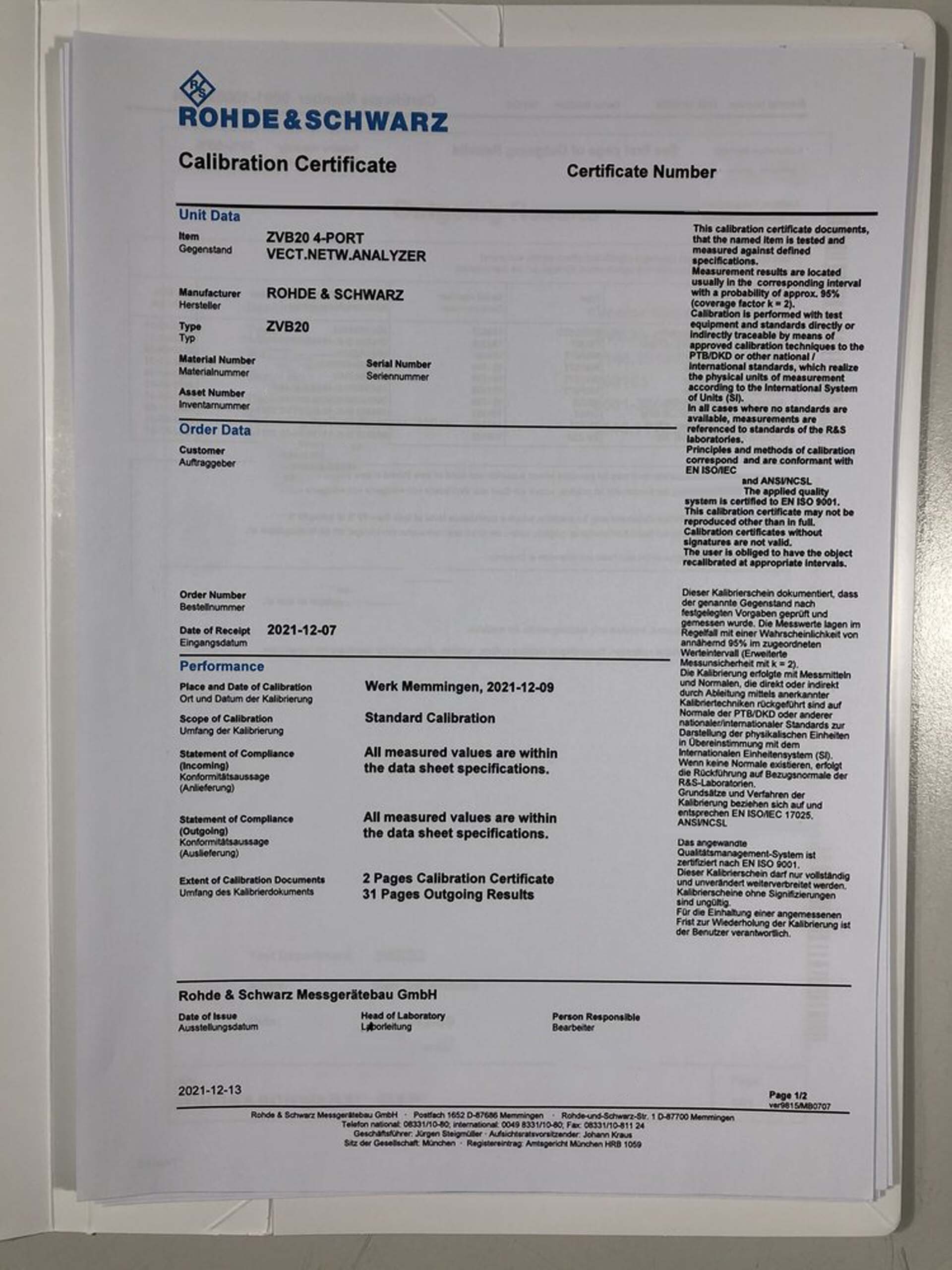 Photo Used ROHDE & SCHWARZ ZVB20 For Sale