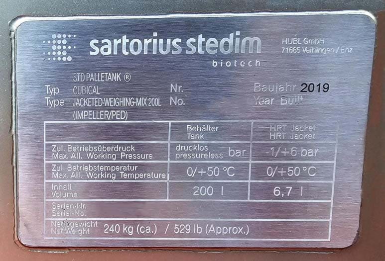 图为 已使用的 SARTORIUS / STEDIM Cubical jacketed-mix 200L 待售