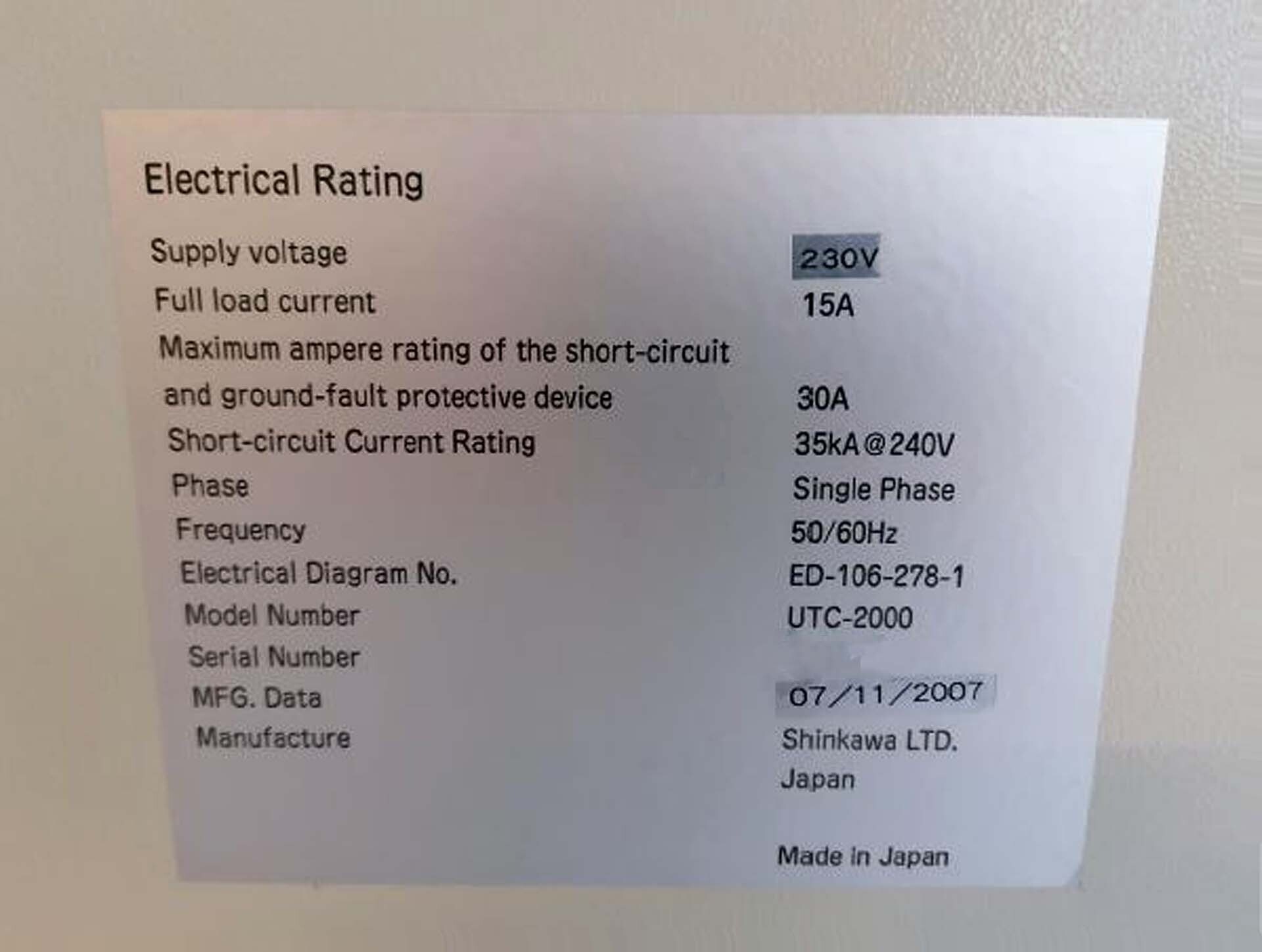 Photo Used SHINKAWA UTC-2000 Super For Sale