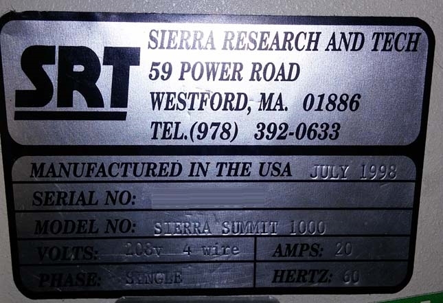 Photo Used SRT / SIERRA RESEARCH AND TECH Summit 1000 For Sale