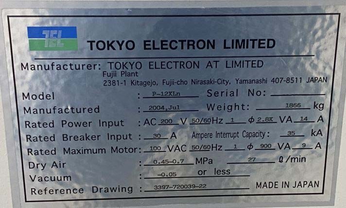 Photo Used TEL / TOKYO ELECTRON P-12 For Sale