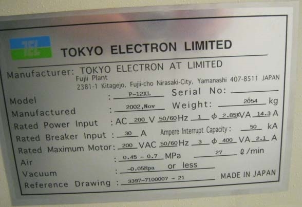 Photo Used TEL / TOKYO ELECTRON P-12XL For Sale