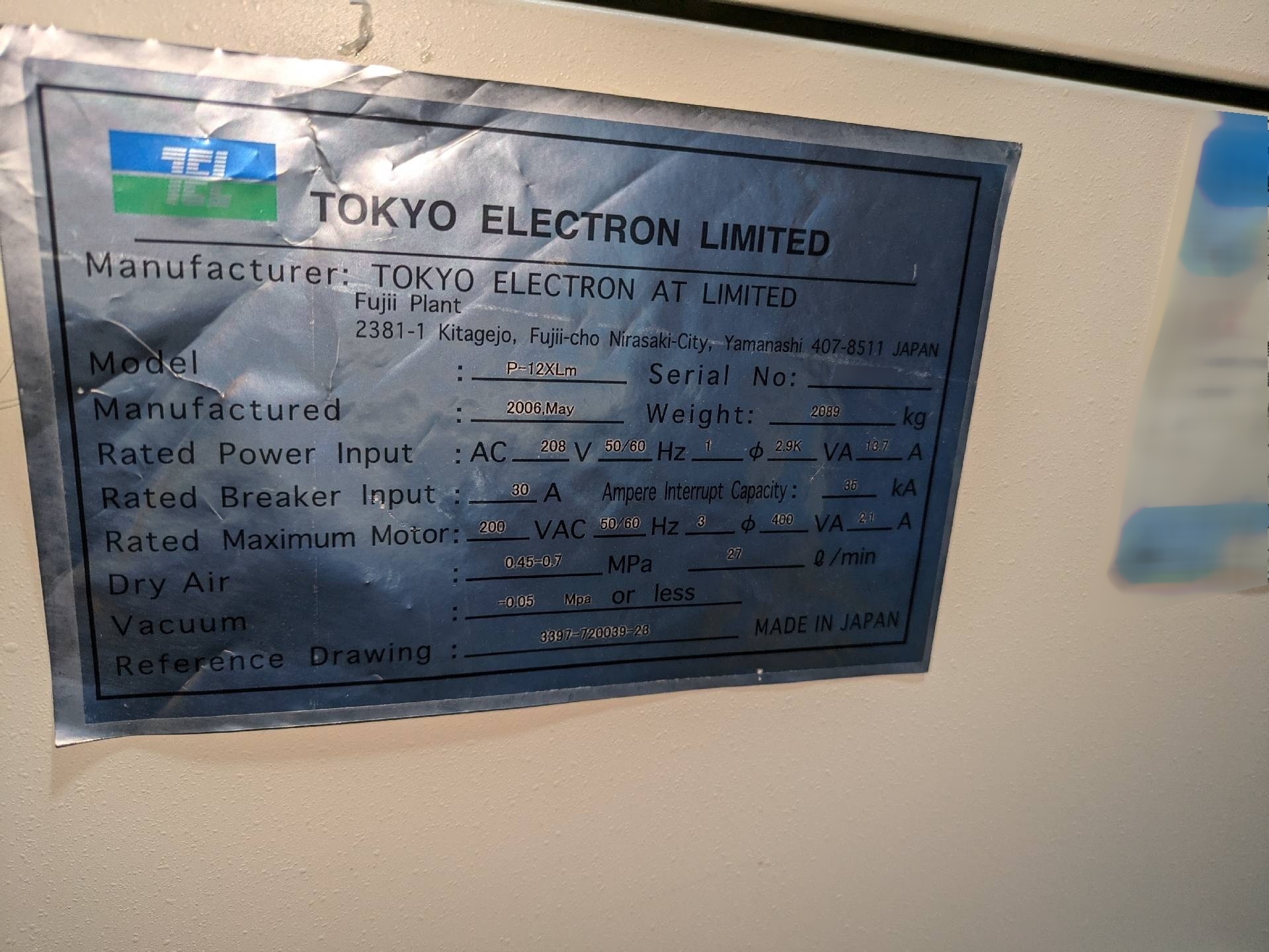 Photo Used TEL / TOKYO ELECTRON P-12XLm For Sale