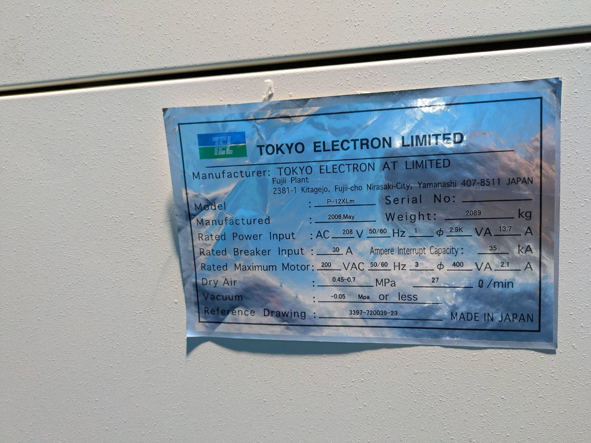 Photo Used TEL / TOKYO ELECTRON P-12XLm For Sale