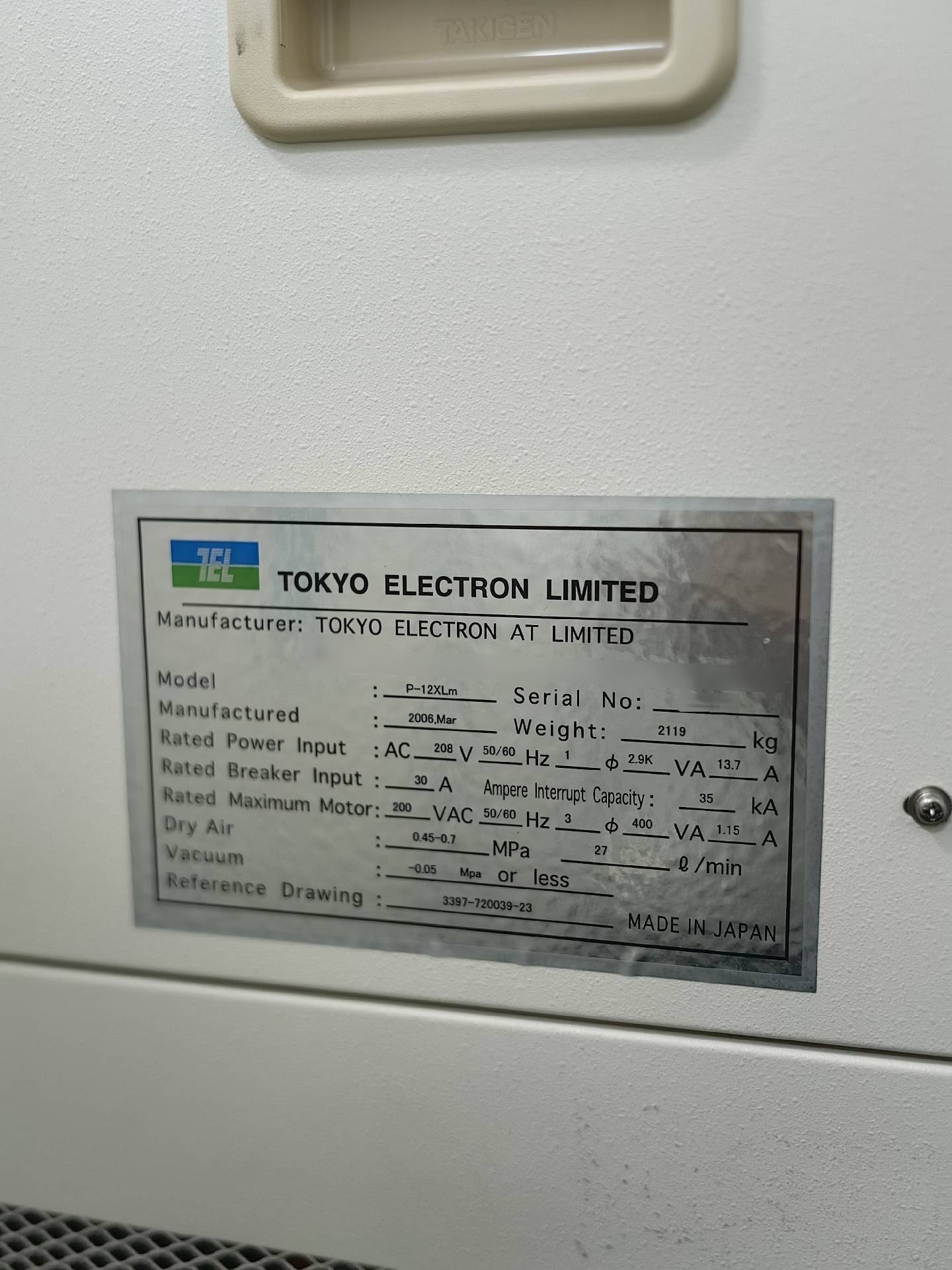Photo Used TEL / TOKYO ELECTRON P-12XLm For Sale