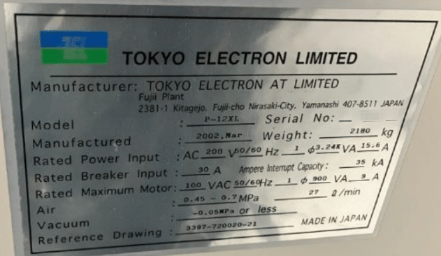 圖為 已使用的 TEL / TOKYO ELECTRON P-12XL 待售