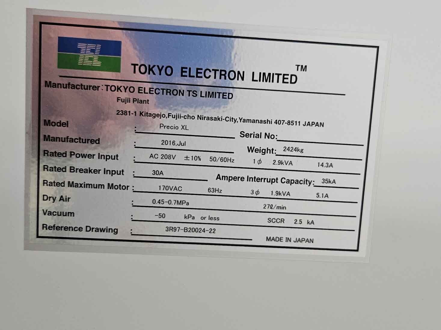 Photo Used TEL / TOKYO ELECTRON Precio XL For Sale