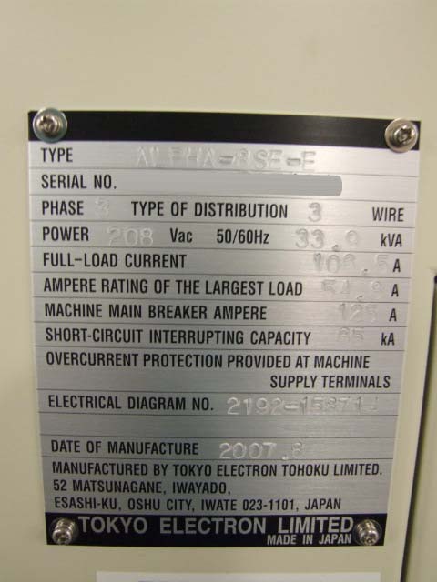 TEL / TOKYO ELECTRON Alpha 8SE-E Diffusion Furnace used for sale 