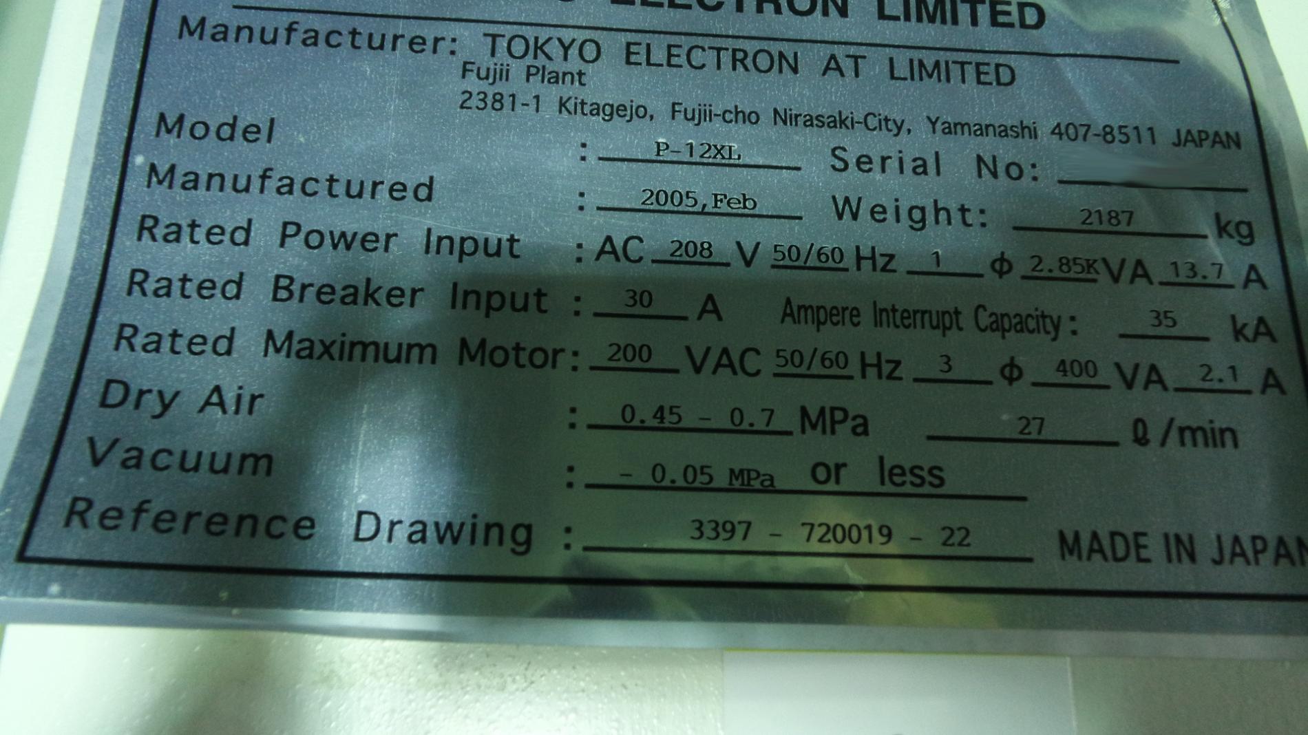 Photo Used TEL / TOKYO ELECTRON P-12XL For Sale