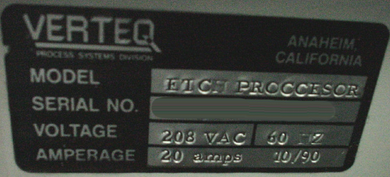 Photo Used VERTEQ Etch Processor For Sale