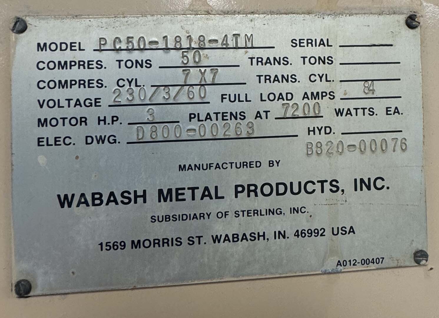 Photo Used WABASH PC50-1818-4TM For Sale