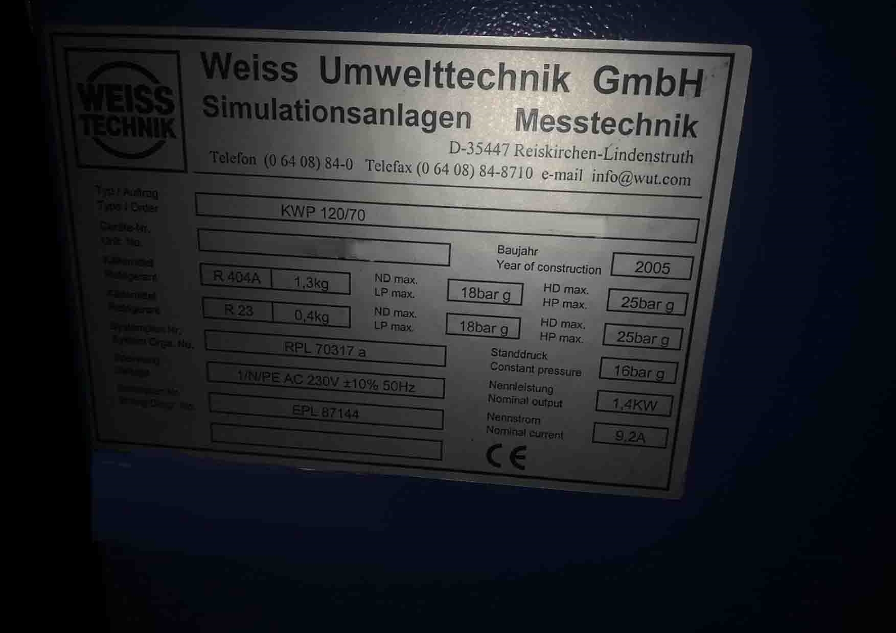 Photo Used WEISS TECHNIK KWP 120/70 For Sale